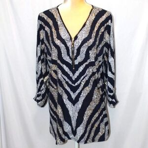 JM Collection V-Neck Navy & Metallic 3/4 Sleeve  Zebra Print Top